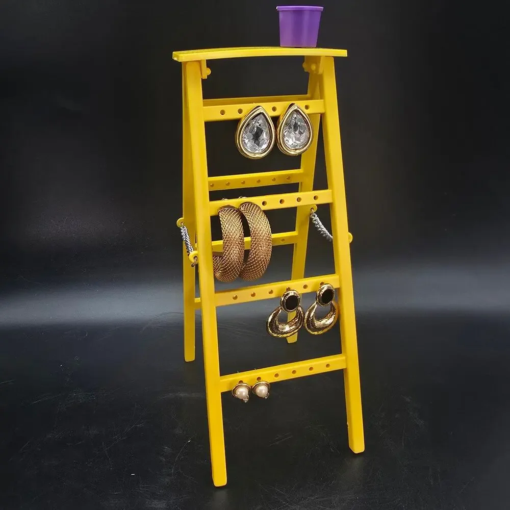 Vintage Yellow Ladder Earring Rack Tree with Paint Bucket Plastic 1980s